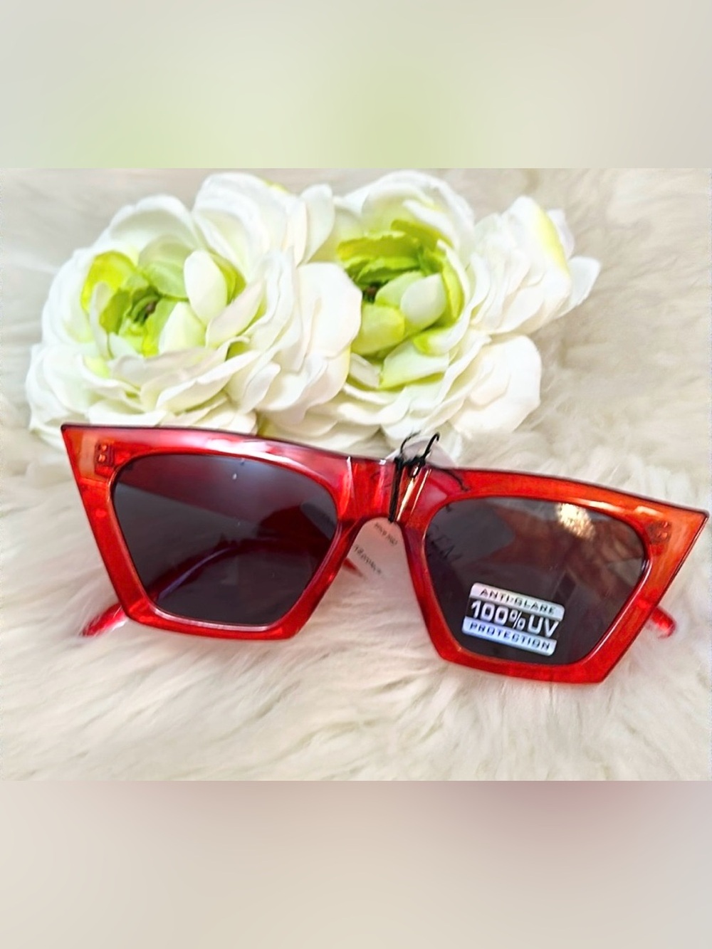 Red Clear Triangular Cats Eye Sunglasses With Dark Lenses NEW!